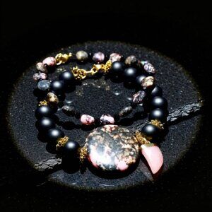 2x Rhodonite Stack Bracelet Set! Statement Bracelet Set 7.5" ~ Pink & Black!